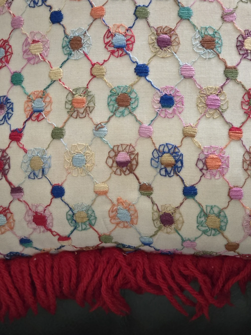 Vintage Embroidered Multicolor Decorative Throw Pillow with Red Fringe